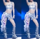 실버 Strapless 슬링 조끼 크롭 탑 Kpop 무대 의상