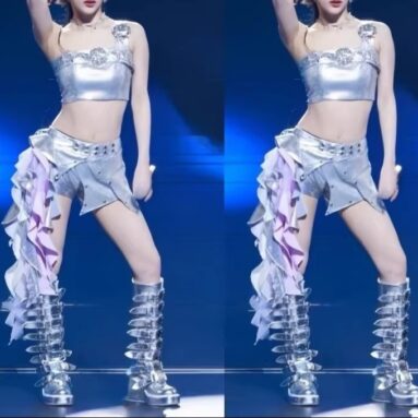 실버 Strapless 슬링 조끼 크롭 탑 Kpop 무대 의상